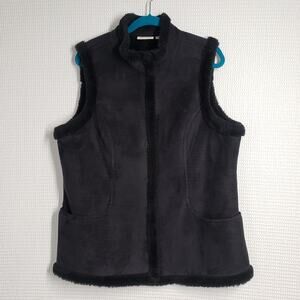 Vintage Denim & Co Faux Suede Vest Womens Large Black Fur Trim Western Goth Y2K